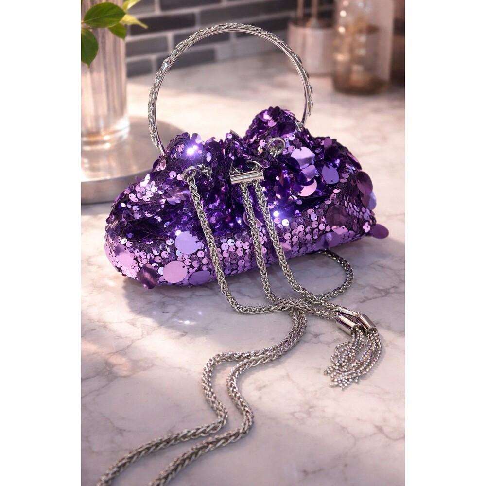 Purple Sequin Rhinestone Tassel Top Handle Clutch Bag for Women